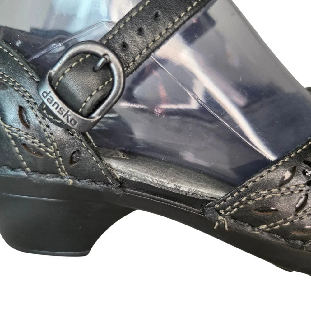 Dansko Womens EU 37 Black Leather Adjustable Strap Mary Jane Comfort Clogs